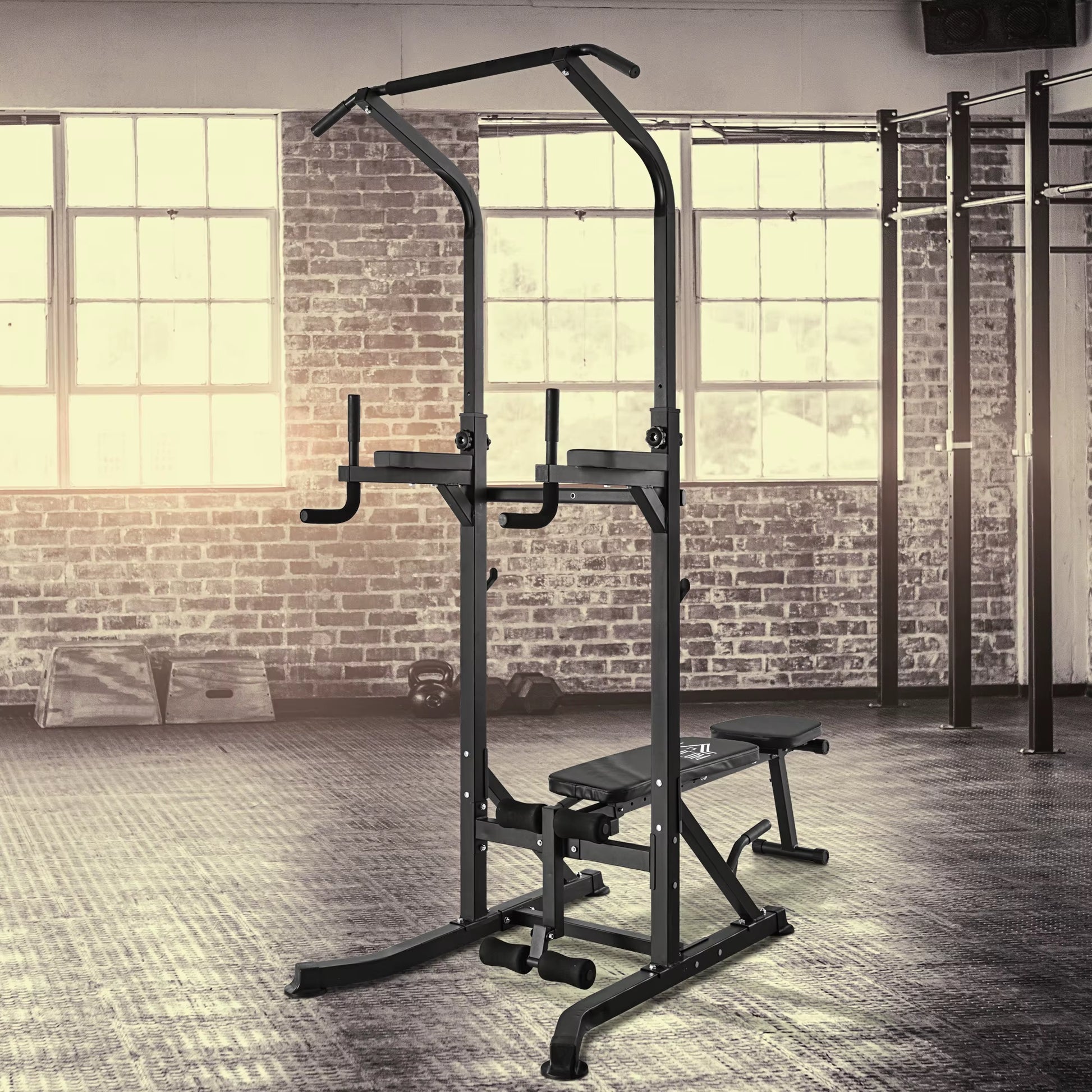 Pull up Station with Adjustable Weight Bench, Dip Station and Barbell Rack, Multi-Function Power Tower Free Standing