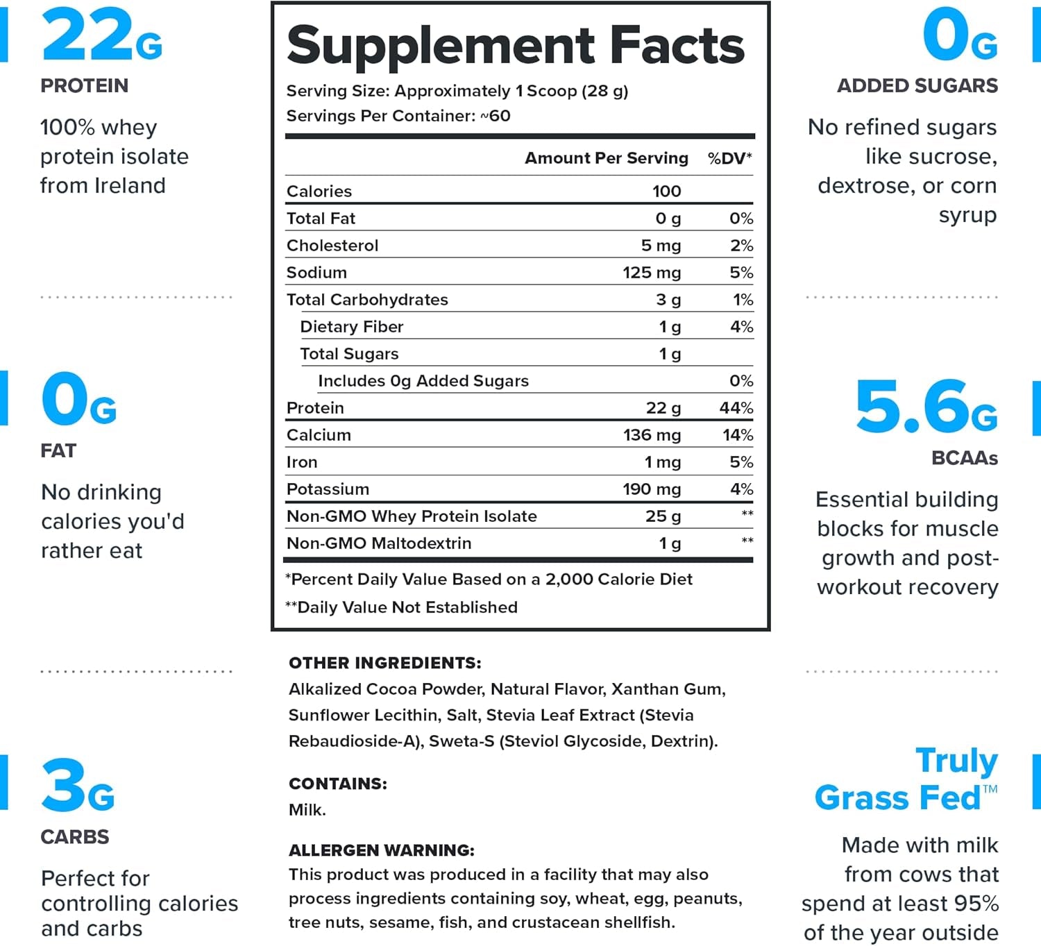 Whey+ Protein Whey Isolate from Grass Fed Cows (Chocolate, 60 Servings) - Whey Protein Isolate Powder, Low Calorie, Non-Gmo, Sugar Free, Lactose and Gluten Free, All Natural Protein Powder